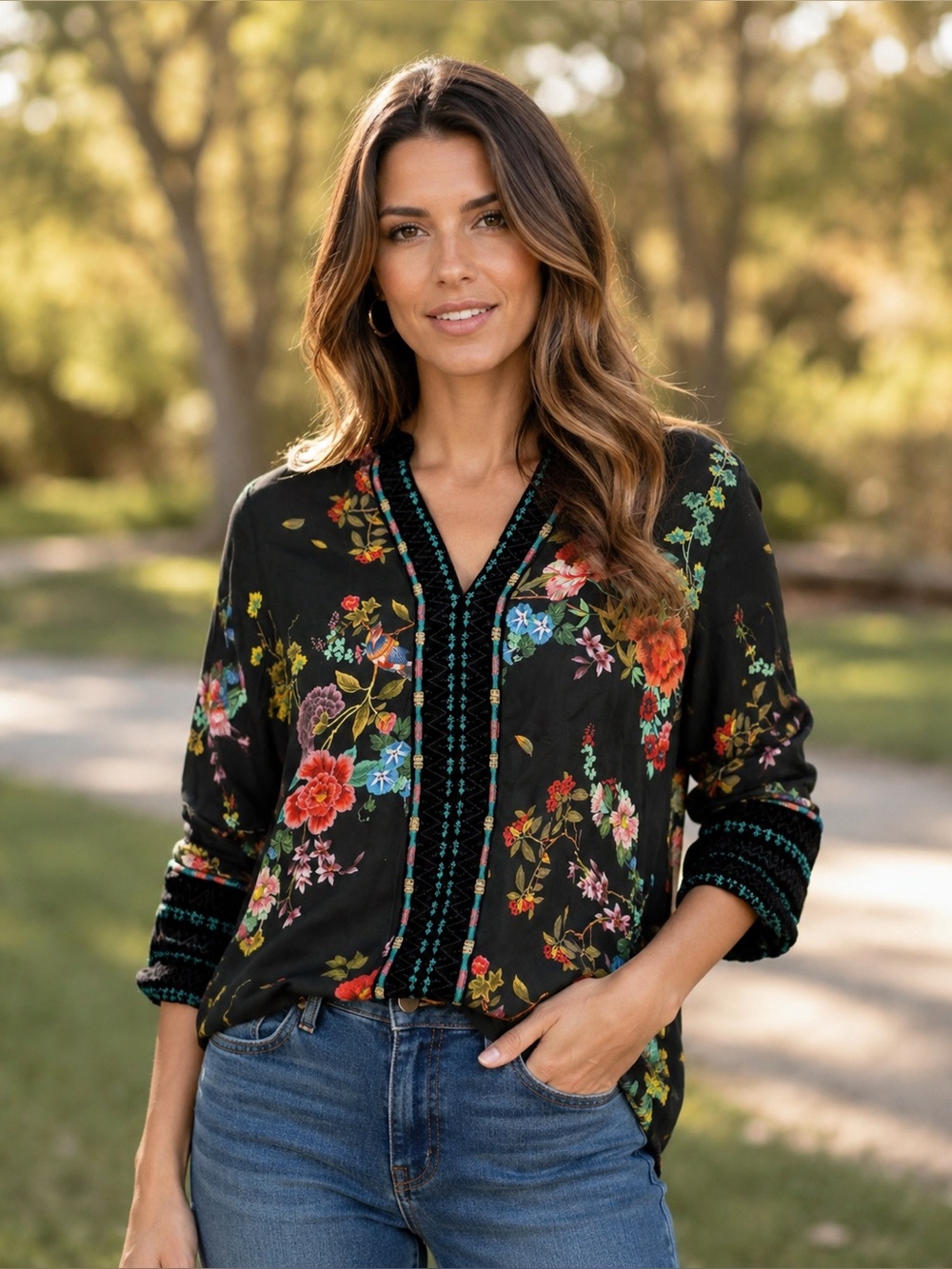 Johnny Was Effortless Paris Tunic Blouse Floral Velvet Size Large 265